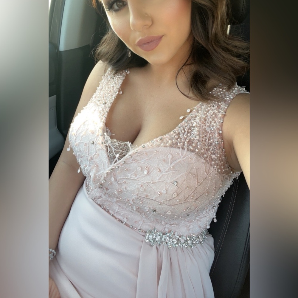 Soft blush pink beaded formal gown